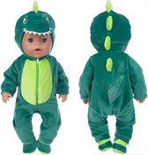Lynn's poppenkleding - Kleertjes geschikt voor Baby Born pop - Groene onesie - Dinosaurus - Kleding voor babypop - Met slofjes - In cadeauzakje