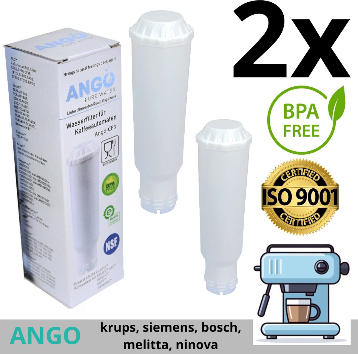2 x ANGO Waterfilter vervanging voor Krups, Melitta, Nivona en andere koffiemachines, compatibel met Krups Aqua/Pro Aqua/F088 - U krijgt schoner en frisser water, waardoor verontreinigende stoffen worden verminderd.