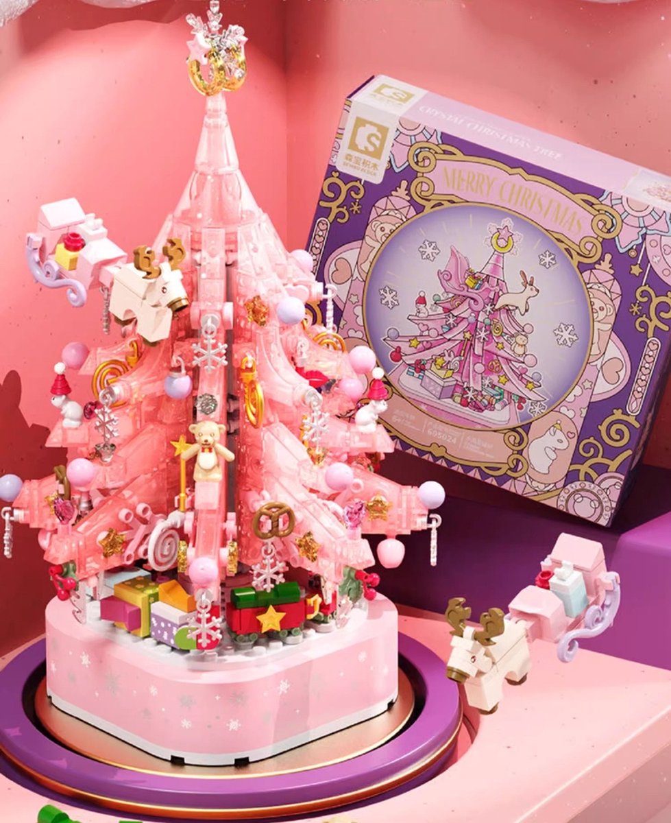 Roze Kristallen Kerstboom met Verlichting - Bouwstenen & Muziekdoos - 675+ delig