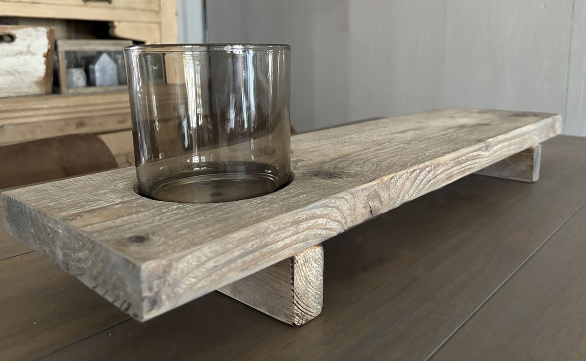 Vensterbank plank - Met vaas rookglas - Verzonken houder - Tafelplank - Gebruikt hout - 70x19,5x8 cm