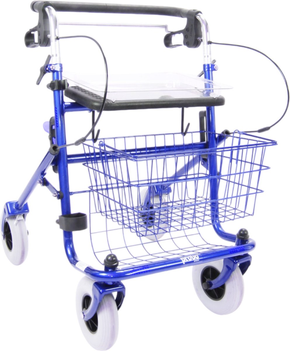 Goedkoopste Premis Provo Rollator 2e generatie - Duwstang met beugel-loop-rem onder - Incl mand, stokhouder en dienblad - Metallic Blauw