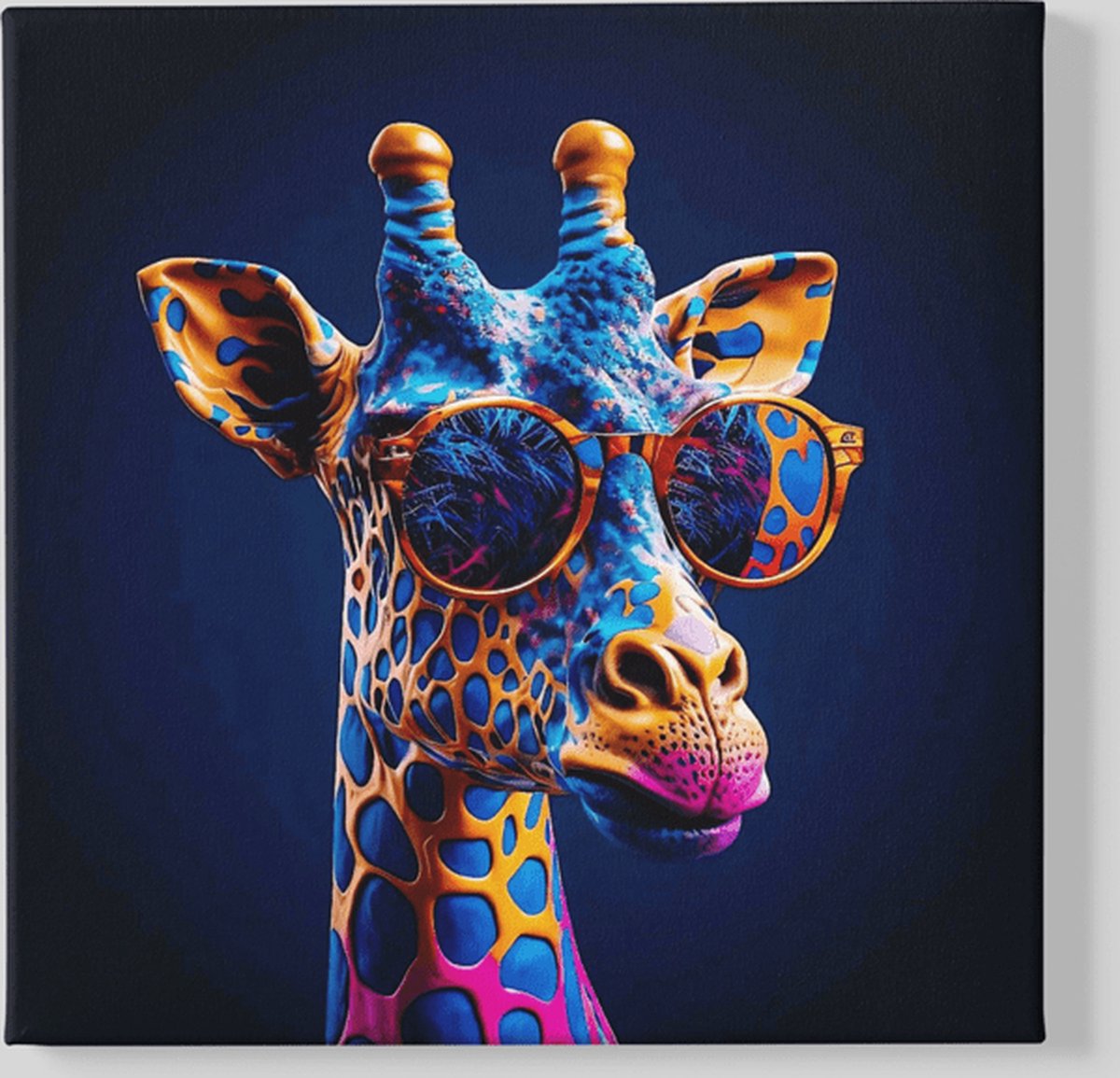 Trendex Global Vierkant Canvas Schilderij - Dieren - Coole Giraffe - 100x100x2 cm Kleurrijk