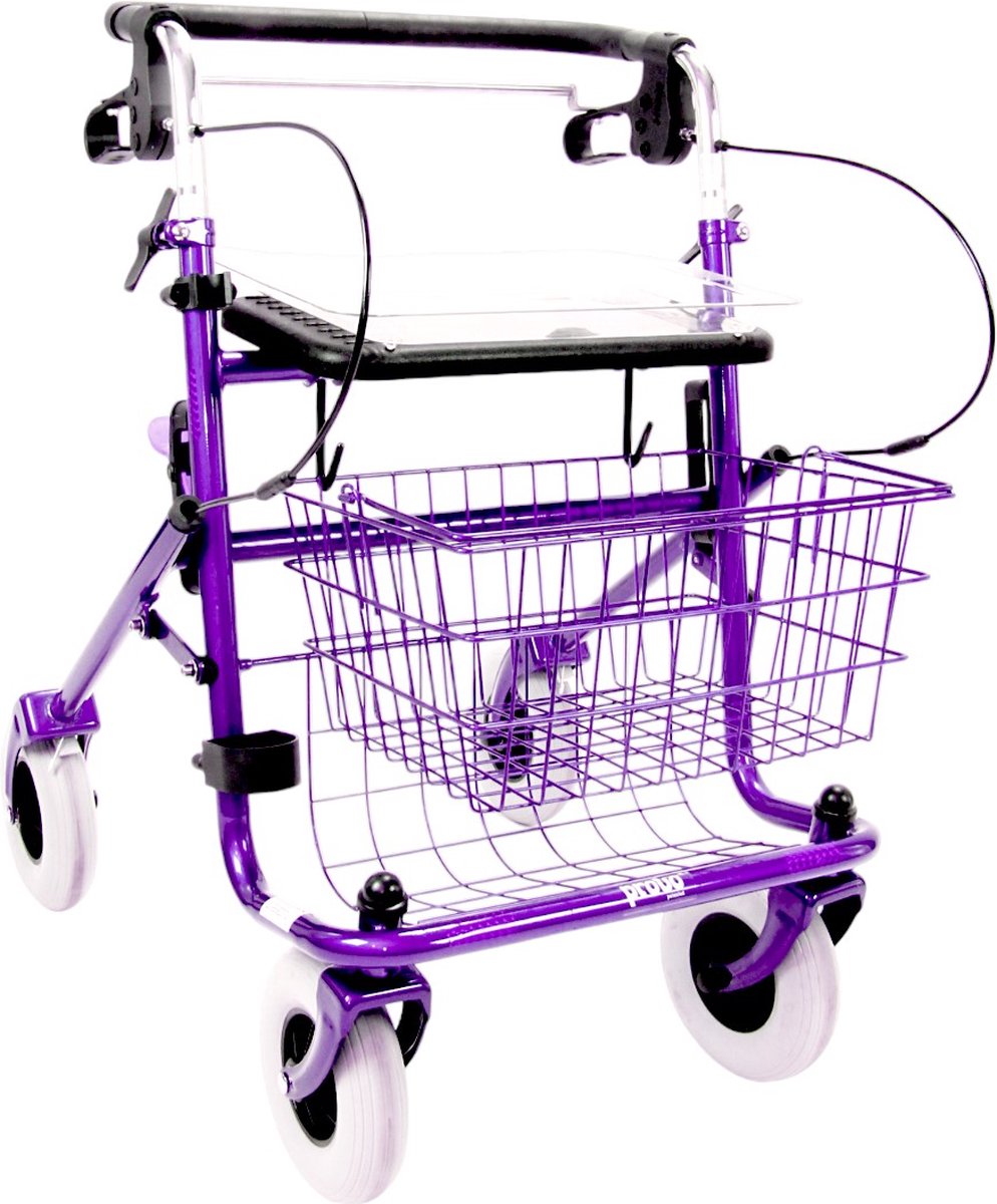 Goedkoopste Premis Provo Rollator 2e generatie - Duwstang met beugel-loop-rem onder - Incl mand, stokhouder en dienblad - Metallic Paars