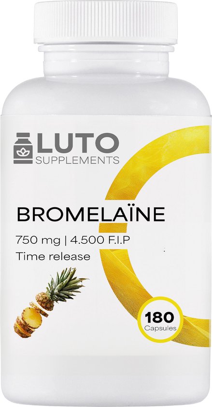 Foto: Bromela ne 750 mg 4500 f i p 180 maagsapresistente capsules drcaps natuurlijk spijsverteringsenzym uit ananas extract laboratorium getest veganistisch hoge dosering luto supplements