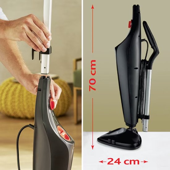 Demonstratie van het in elkaar zetten van de Vileda stoomreiniger en afmetingen (70 cm hoog, 24 cm breed).