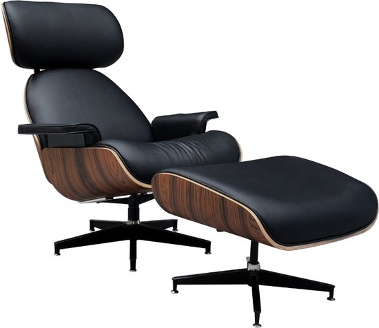 Meubi Lounge Chair + Hocker - Zwart - Italiaans Leer - Palissander - Fauteuil - Relaxfauteuil - PREMIUM