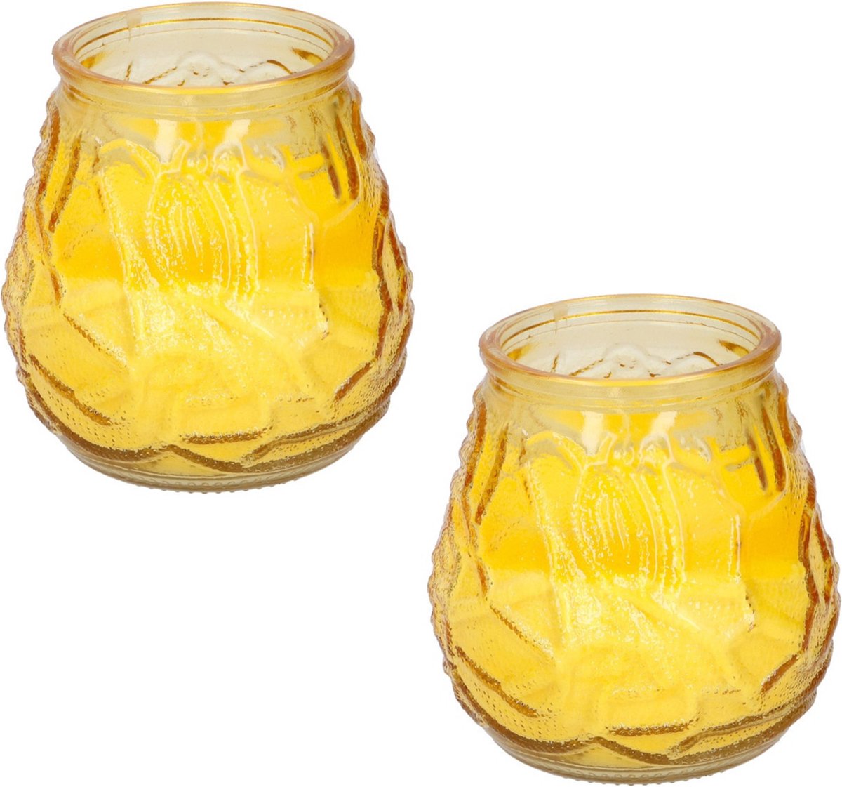 arti casa Set van 3x stuks citronella lowboy tuin kaarsen in geel glas - 10 cm - 15 branduren