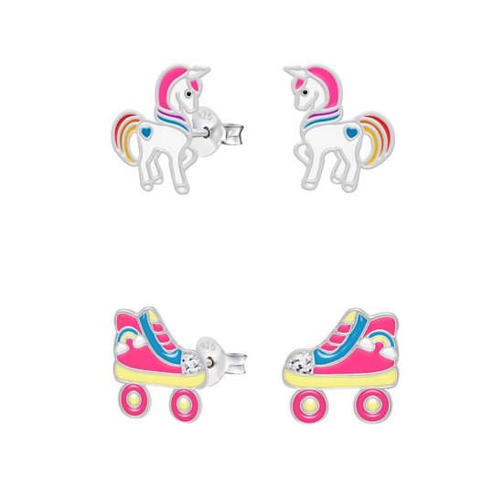 Set de boucles d'oreilles clous en argent, licorne avec crinière arc-en-ciel et patin à roulettes avec arc-en-ciel