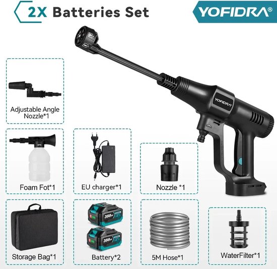 Yofidra - Hogedrukreiniger - Hogedrukreiniger Accu - Draadloze Hogedrukreiniger - 200 Bar - 3500W - 3 Versnellingen - Compatibel Met Makita 18V Batterij - 4.1L P/Min - Complete Set - Zwart