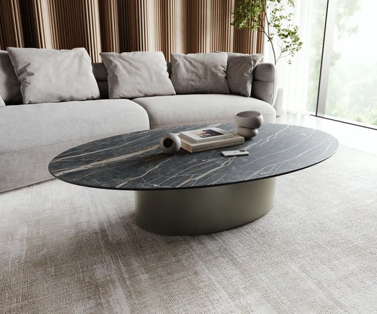 Table basse Casilda Céramique Laminam®Noir désir Marron 150x90 cm Pied central effet titane