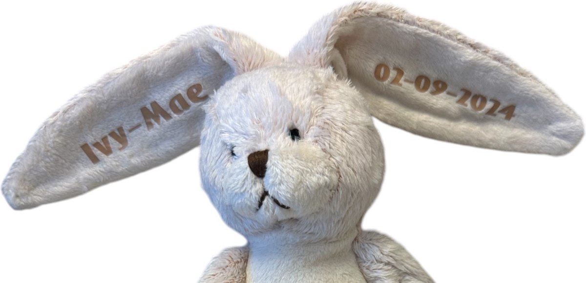 Take Me Home konijn pluche zittend 19/29cm Off white Gepersonaliseerd met naam en Geboortedatum op de oortjes