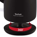 Zwarte Tefal waterkoker met "Safe to Touch" en "360°" aanduiding op de basis.