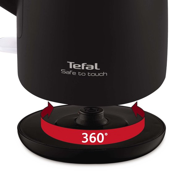 Zwarte Tefal waterkoker met "Safe to Touch" en "360°" aanduiding op de basis.