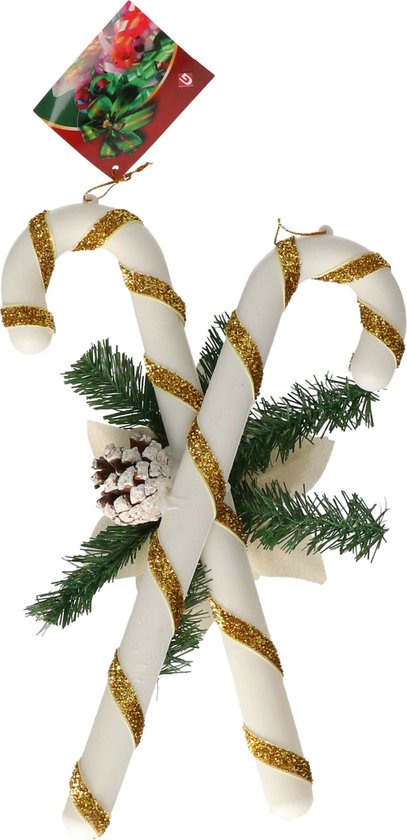 Gerimport Décoration cannes de bonbon - plastique - 35 x 25 cm - blanc/or - décorations de Noël