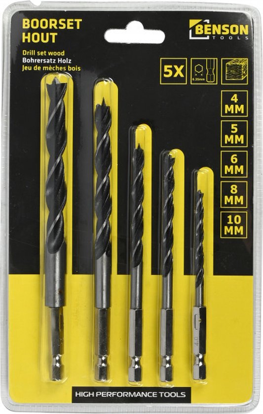 Benson boorset voor hout met 5 boren in maten 4, 5, 6, 8 en 10 mm.