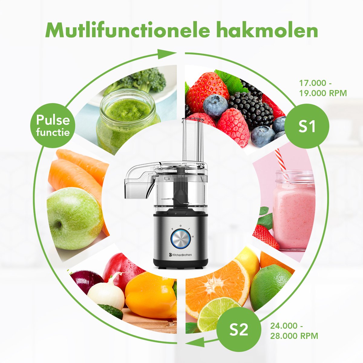 KitchenBrothers Foodprocessor - 5 in 1 Multifunctioneel Model - Hakmolen - Groentesnijder - BPA Vrij - 0,5L - Keukenmachine - Uiensnijder - RVS thumbnail 3