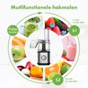 Circulair diagram van de KitchenBrothers multifunctionele hakmolen met pulse functie en diverse ingrediënten.