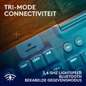 Close-up van G915 X Lightspeed toetsenbord met tri-mode connectiviteit: LIGHTSPEED 2,4 GHz, Bluetooth en bekabelde gegevensmodus.