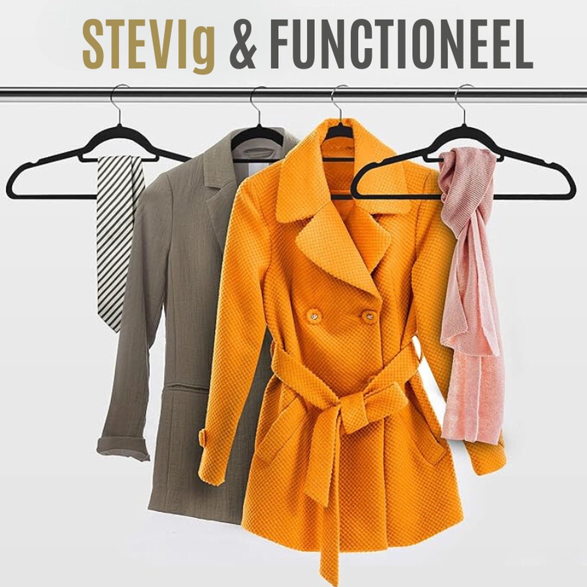 Premium Fluwelen Kledinghangers (50 Stuks) – Slipvast En Sterk Voor Jassen & Hoodies Met Extra Bindstaaf – Elegante Zwarte Kledinghangers Voor Intensief Gebruik
