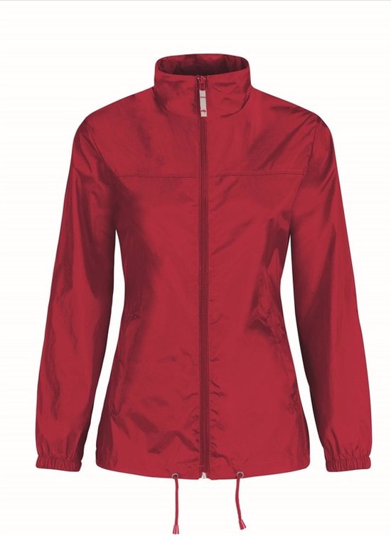 Veste coupe-vent rouge pour femme avec col montant, fermeture éclair et cordon de serrage à la base.