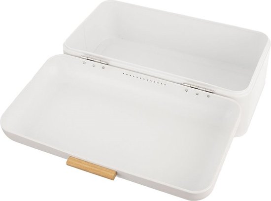 Boîte à pain métallique blanche ouverte avec poignée en bois, couvercle ouvert vers le haut.