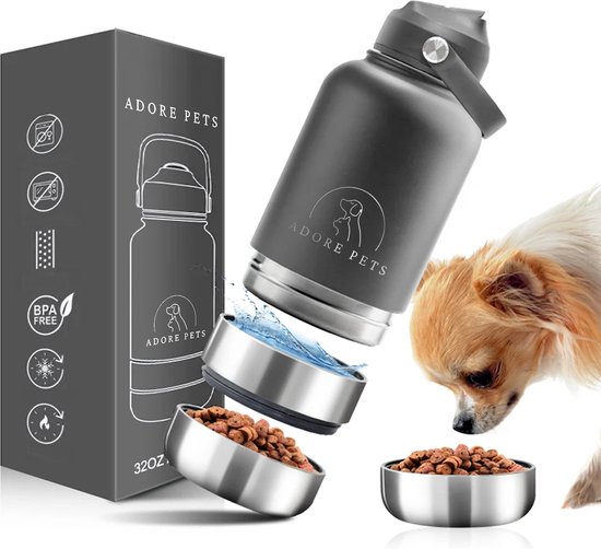 Adore Pets 4-in-1 Draagbare Drinkfles / Voerbak voor Honden en Katten Grijs - Inclusief Voerbak & Waterbak - Roestvrij Staal & BPA-vrij