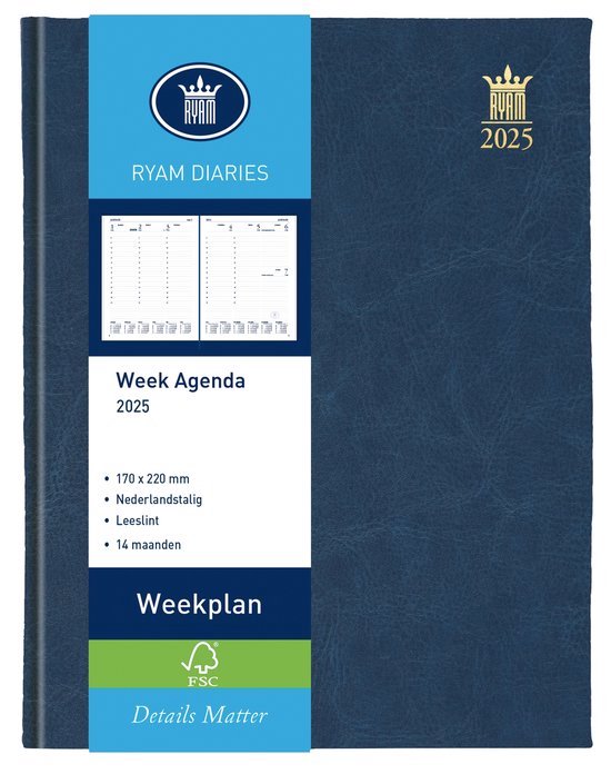 Foto: Ryam bureau agenda weekplan wit nl mundior 2025 genaaid gebonden 170 x 220 mm 14 mnd blauw 