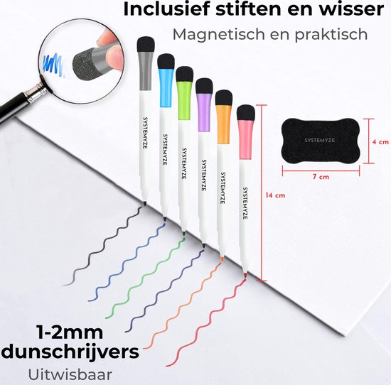 Gedetailleerd beeld van 6 magnetische whiteboard markers met gekleurde uiteinden en een wisser, met lijnen die hun schrijfbreedte van 1-2 mm aangeven.