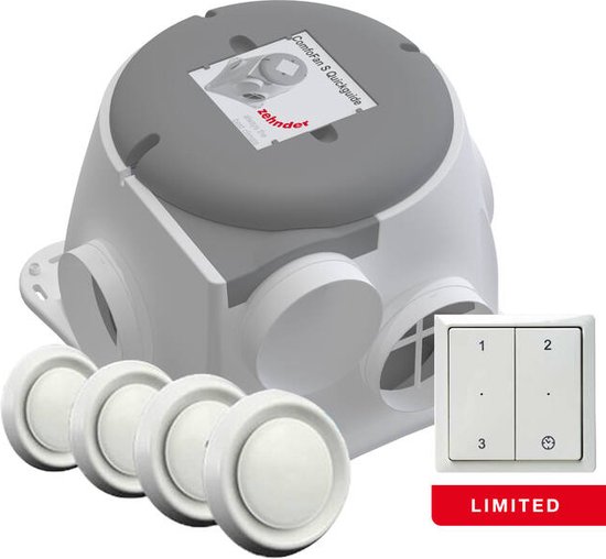 Witte en grijze Zehnder ComfoFan S mechanische ventilatiebox met vier witte ventielen en een witte RFT zender met cijfers 1, 2, 3.