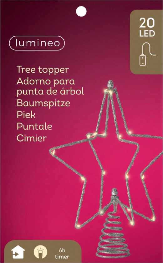 Lumineo kerstboom piek, een zilverkleurige ster met 20 LED lampjes en een spiraalvoet.