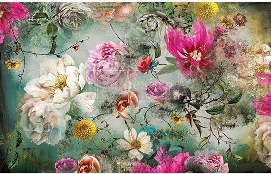 Gedetailleerd bloemenpatroon met roze, witte en gele bloemen op een turquoise achtergrond.