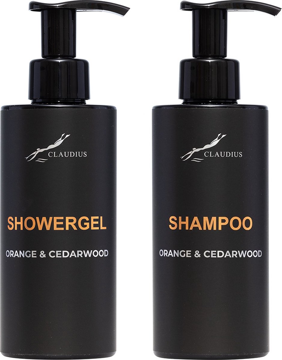Goedkoopste Douchepakket Sweet Orange & Cedarwood - Showergel Shampoo - 300 ml per fles - bodycare - luxe fles - set van 2 stuks - Cadeau