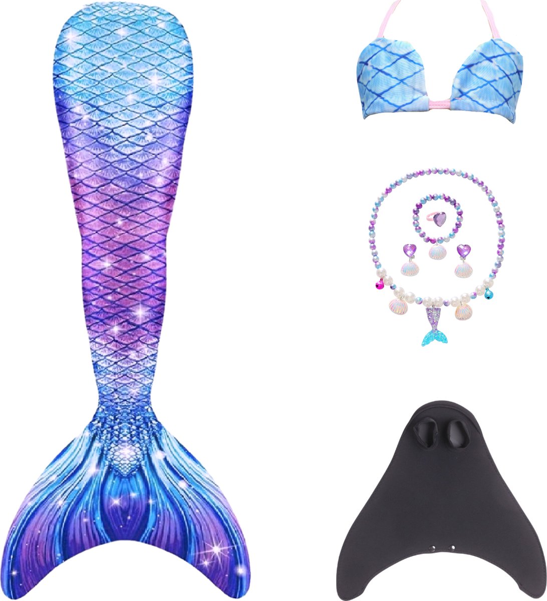 Joya Kids® Galaxy Zeemeerminstaart voor Kinderen | Roze Blauw Mermaid Staart met Monovin | Verkleedkleding meisje | Inclusief Zeemeermin Ketting oorbellen ring en Armband | Inclusief bikini top | Maat L