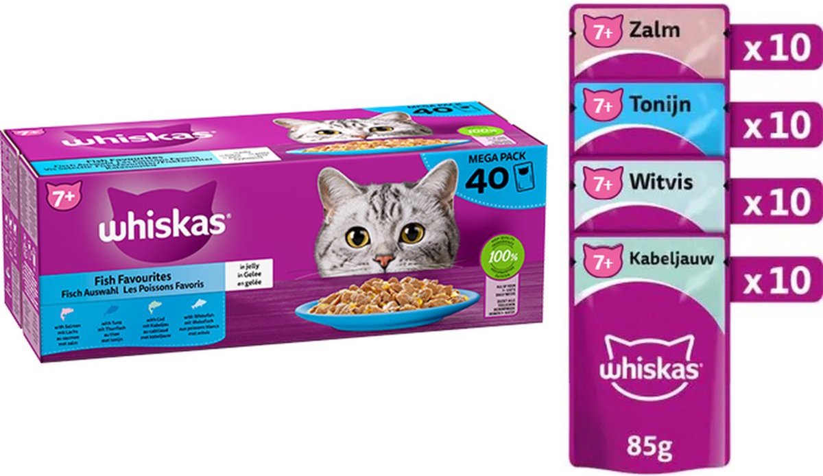 Whiskas Kattenvoer 7+ Senior - Natvoer - Vis - Selectie in gelei - Maaltijdzakjes 40 x 85g