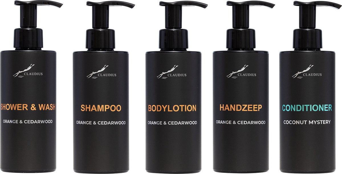 Goedkoopste Compleet pakket Sweet Orange & Cedarwood - Shower & Wash Shampoo Bodylotion Handzeep Coconut Conditioner - 300 ml per fles - complete set van 5 stuks - bodycare - luxe fles - Cadeau