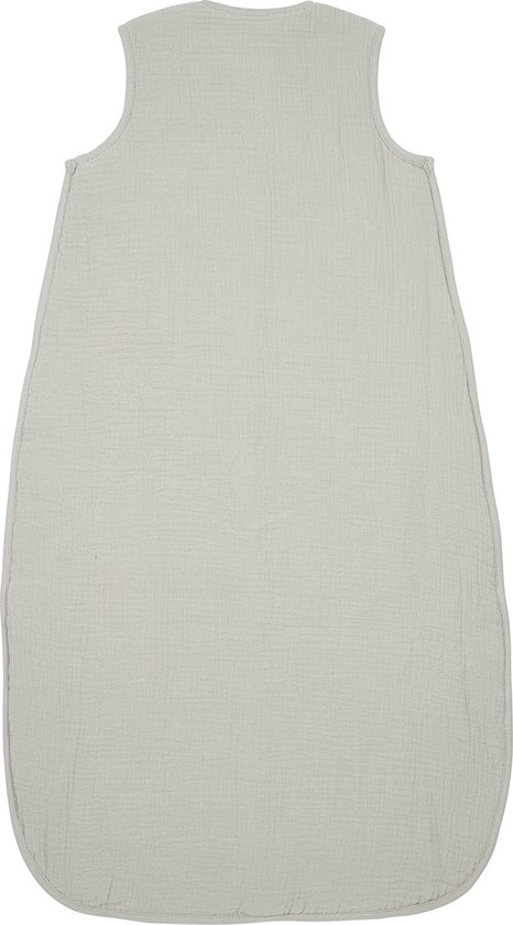 Lichtgrijze Meyco babyslaapzak, mouwloos, van pre-washed hydrofielstof.