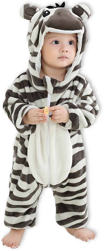 BoefieBoef Dieren Baby Onesie Peuter Pyjama Kinderen 6 maanden tot 2 jaar – Zebra – Verkleedkleding met Luierrits – Carnaval Dierenpak - Kerst en Kraamcadeau - Zacht Flanel - Romper - Boxpak - Jongens - Meisjes - Kruippak - Winterpak - Wit - Zwart