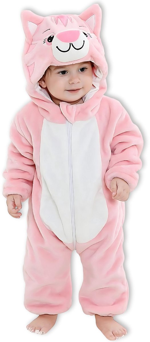 BoefieBoef Dieren Kleuter Onesie Peuter Pyjama Kinderen 2 tot 4 jaar – Verkleedkleding met Luierrits – Carnaval Dierenpak - Kerst Cadeau- Zacht Flanel - Baby Romper - Boxpak - Jongens - Meisjes - Kruippak - Winterpak - Poes Roze Kat Cat