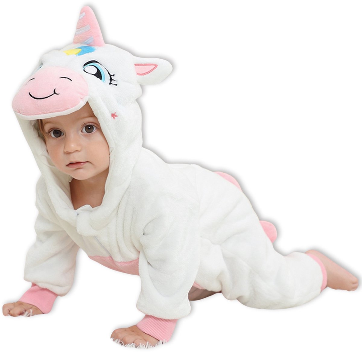 BoefieBoef Dieren Onesie Pyjama Kinderen 6m-2jr – Eenhoorn wit – Verkleedkleding met Luierrits – Carnaval Dierenpak - Kerst en Kraamcadeau Tip – Zacht Flanel - Romper - Boxpak - Jongens - Meisjes — afbeelding 9