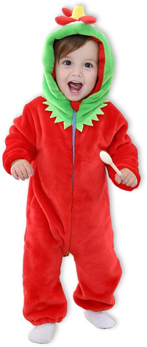 BoefieBoef Dieren Baby Onesie Peuter Pyjama Kinderen 6 maanden - 2 jaar – Haan – Verkleedkleding met Luierrits – Kerst Carnaval Dierenpak - Kraamcadeau – Zacht Flanel - Romper - Boxpak - Jongens - Meisjes - Kruippak - Winterpak - Chicken - Rood - Kip