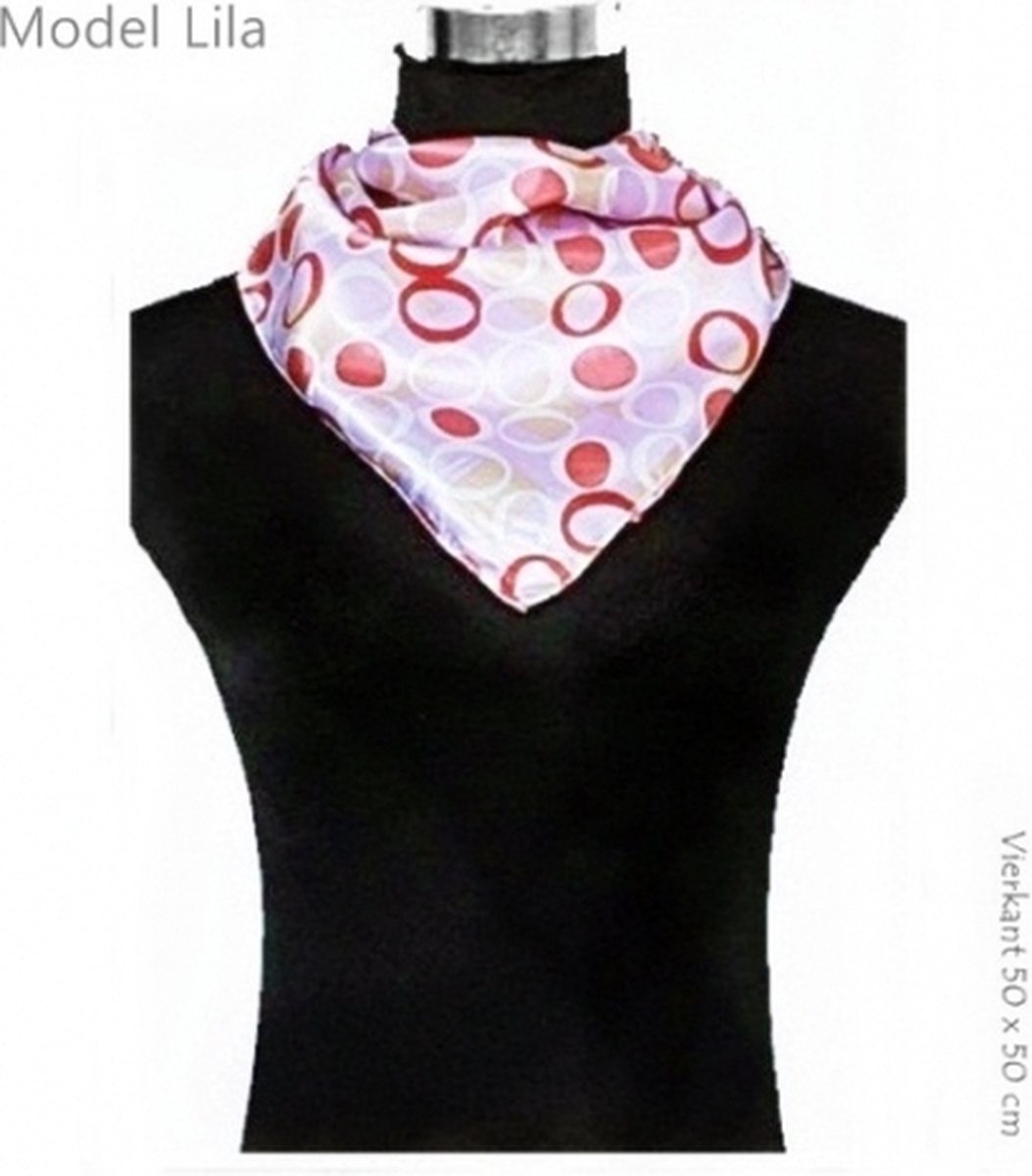 Huiscollectie - LKF - Fashion Sjaal - Cirkels en Stippen - Lila Licht Paars / Wit / Rood / Beige - PolySatijn - Vierkant 50x50 cm - volwassenen jeugd kinderen - unisex - casual feest