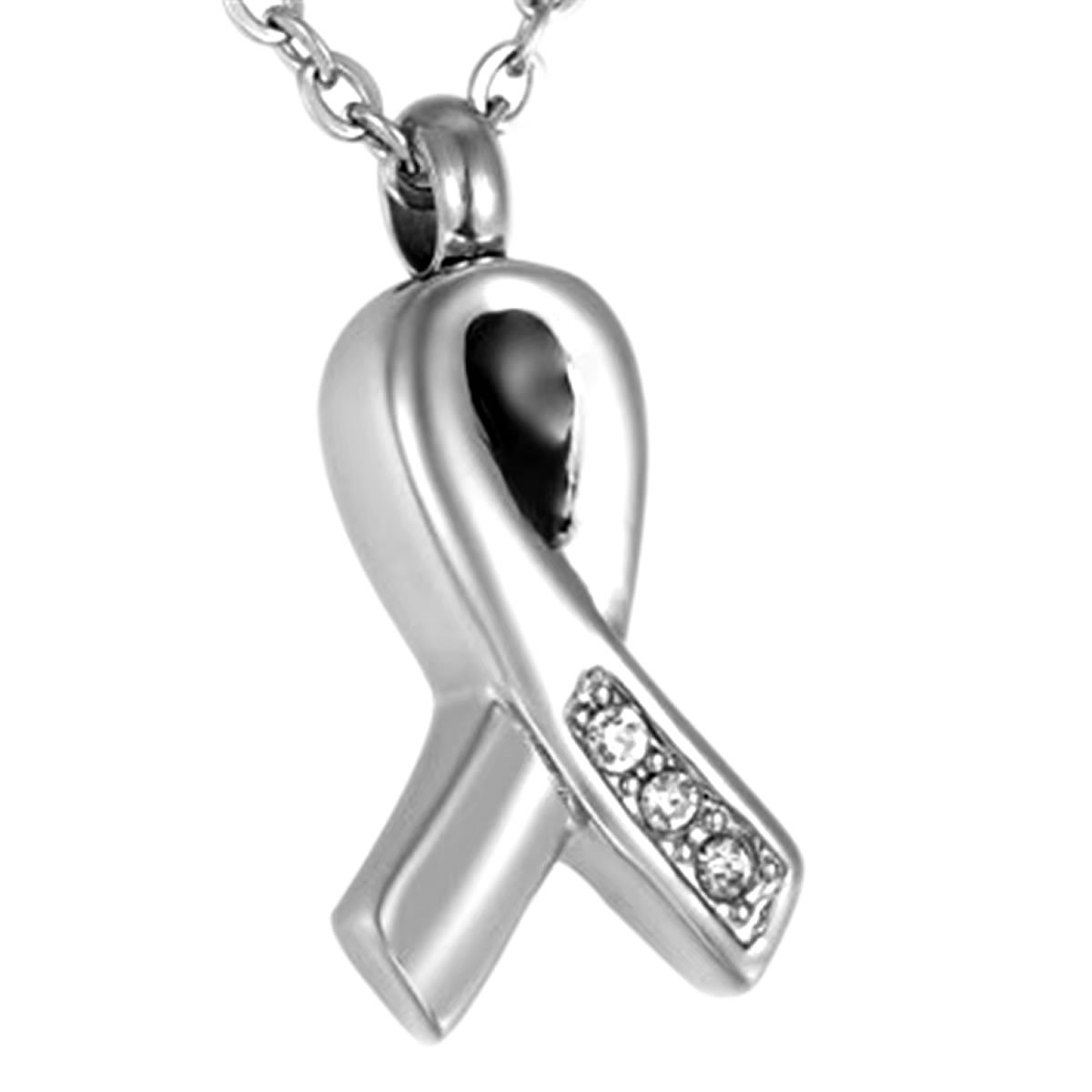 Ashanger - Urn - Pink Ribbon - Zirkonia Crystal Wit - met Verstelbare Ketting 46 - 52cm - Stainless Steel