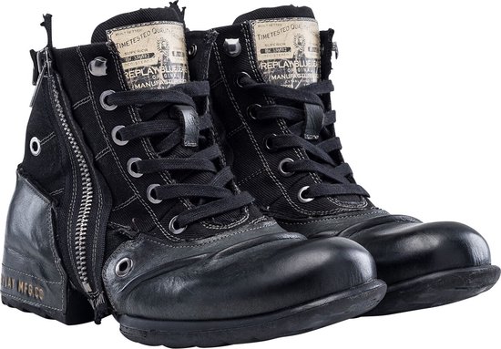 Paire de bottes Replay noires avec fermeture éclair et lacets, en toile et cuir noirs.