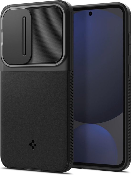 Zwarte Spigen hoes met mat textuur, schuifje voor camera en een mobiele telefoon ernaast.