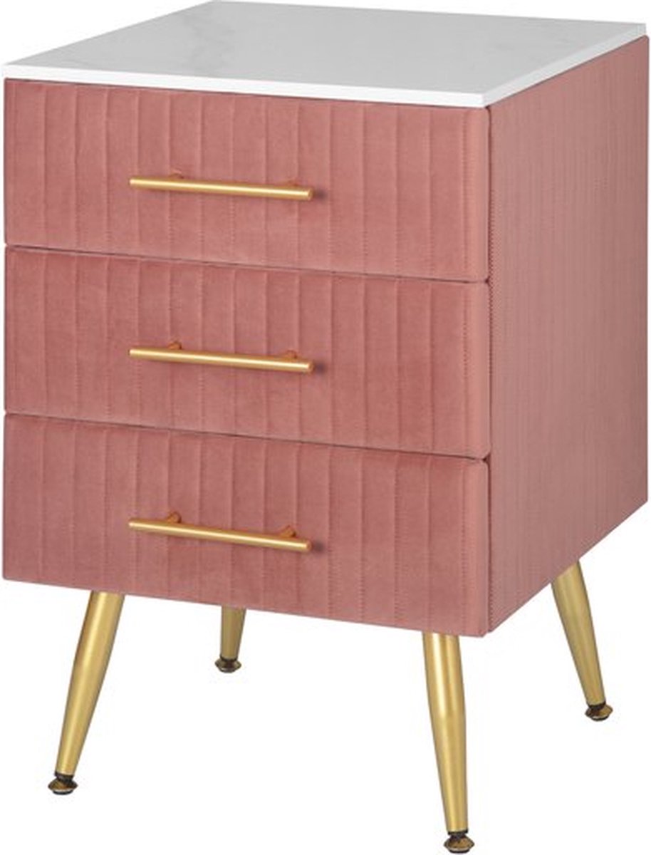 Thuys – Nachtkastje – Salontafel – 3 Lades – Bijzettafel – Fluweel – Voor Slaapkamer & Woonkamer – Modern Design – Roze/Goud