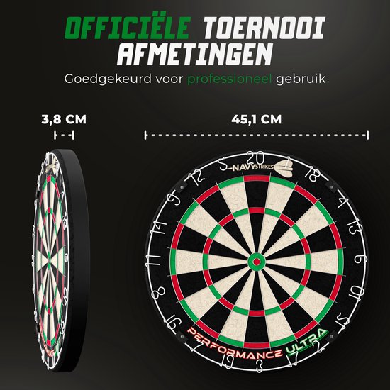Dartbord met de tekst 'OFFICIËLE TOERNOOI AFMETINGEN Goedgekeurd voor professioneel gebruik'. Afmetingen 45,1 cm en 3,8 cm getoond.