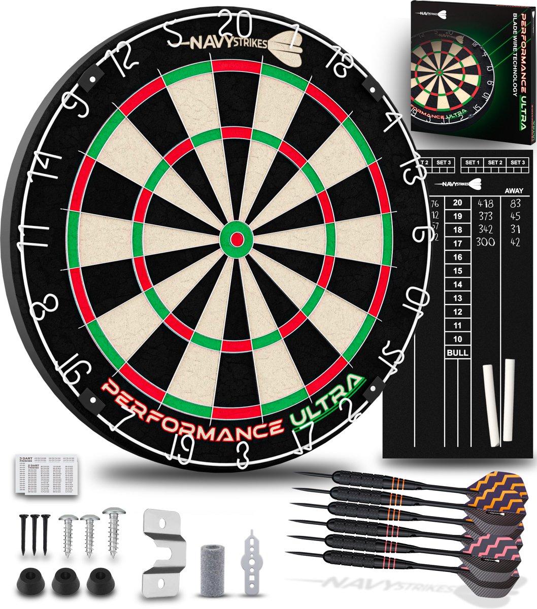 Navy Strikes Performance Ultra Dartbord Set - Incl 6 Dartpijlen 23 gram en Scorebord - Braziliaanse Sisal - Blade Wire - Toernooi Afmeting Dartsbord - Flights Darts en Dart Shafts