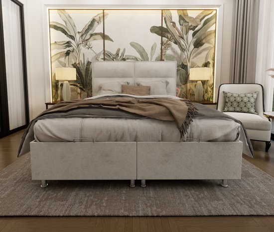 Nessa® - Espace de rangement Boxspring Block - 140x200 - Crème - Velours - Comprenant Matras Orthopédique à Ressorts Ensachés - Ressorts 500m2