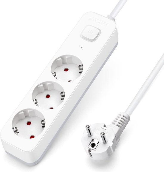 FAMATEL Stekkerdoos met 6 stopcontacten, vierkant, 1,5 m lange kabel, tot 3680 W, 16 A, 250 V, kinderbeveiliging, uitlijning op 45 °, voorkomt spookverbruik, zwart