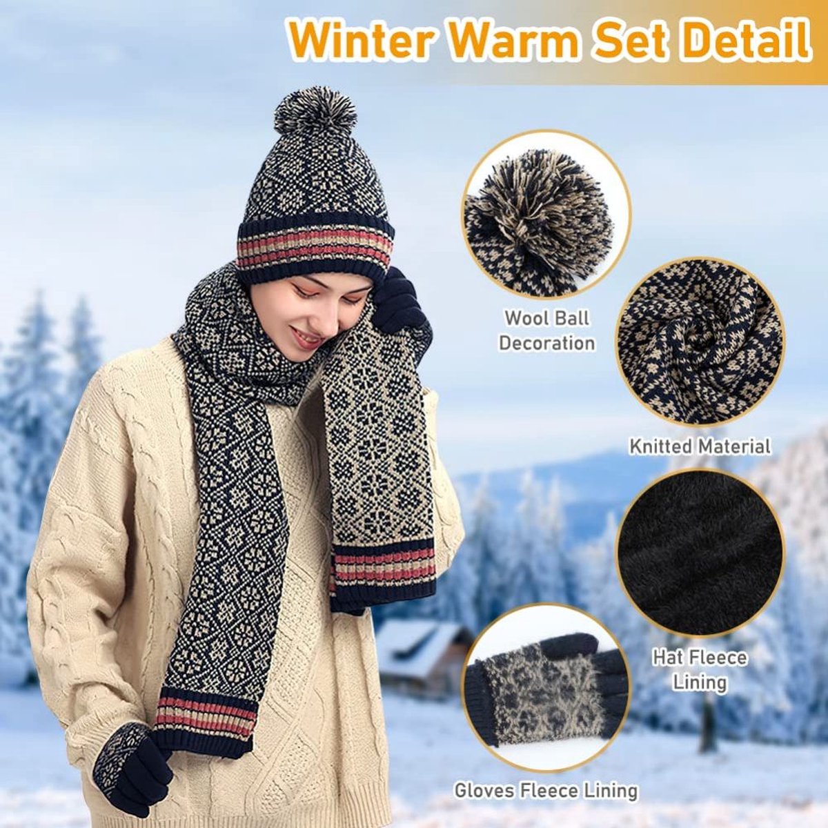 3-delige wintermuts, sjaal en handschoenenset, gebreide muts en sjaalset, dikke thermische pompom muts, handschoenen en sjaalset met touchscreen handschoenen, warm wintercadeau, geschikt voor buitenkleding voor mannen en vrouwen - diep rood — cadeau in Mode & Accessoires - foto 3